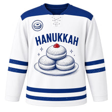 Load image into Gallery viewer, Ink Sketch Sufganiyot Hanukkah Hockey Jersey in Sketch White, front view – custom name and number