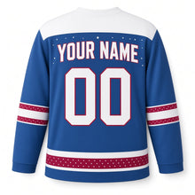 Load image into Gallery viewer, Jelly Doughnut Hero Hanukkah Hockey Jersey in Sugar Dust Blue, back view with your name and number