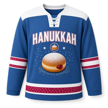 Load image into Gallery viewer, Jelly Doughnut Hero Hanukkah Hockey Jersey in Sugar Dust Blue, front view – custom name and number