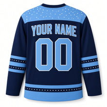 Load image into Gallery viewer, Jelly Doughnut Hero Hanukkah Hockey Jersey in Bakery Navy, back view with your name and number