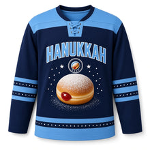 Load image into Gallery viewer, Jelly Doughnut Hero Hanukkah Hockey Jersey in Bakery Navy, front view – custom name and number