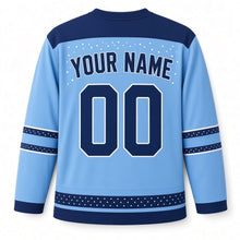 Load image into Gallery viewer, Jelly Doughnut Hero Hanukkah Hockey Jersey in Frosting Sky, back view with your name and number