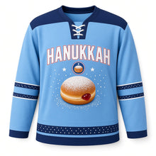 Load image into Gallery viewer, Jelly Doughnut Hero Hanukkah Hockey Jersey in Frosting Sky, front view – custom name and number