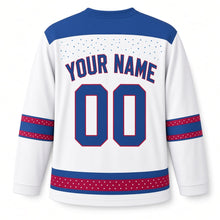 Load image into Gallery viewer, Jelly Doughnut Hero Hanukkah Hockey Jersey in Powdered White, back view with your name and number