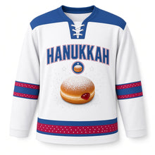 Load image into Gallery viewer, Jelly Doughnut Hero Hanukkah Hockey Jersey in Powdered White, front view – custom name and number