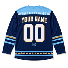 Load image into Gallery viewer, Kaleidoscope Dreidel Hanukkah Hockey Jersey in Kaleido Indigo, back view with your name and number