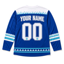 Load image into Gallery viewer, Kaleidoscope Dreidel Hanukkah Hockey Jersey in Kaleido Royal, back view with your name and number