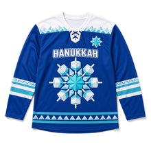 Load image into Gallery viewer, Kaleidoscope Dreidel Hanukkah Hockey Jersey in Kaleido Royal, front view – custom name and number