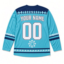 Load image into Gallery viewer, Kaleidoscope Dreidel Hanukkah Hockey Jersey in Kaleido Turquoise, back view with your name and number
