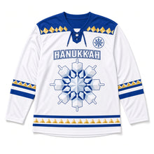 Load image into Gallery viewer, Kaleidoscope Dreidel Hanukkah Hockey Jersey in Kaleido White, front view – custom name and number