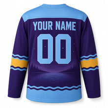 Load image into Gallery viewer, Lake Reflection Menorah Hanukkah Hockey Jersey in Still Water Indigo, back view with your name and number