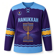 Load image into Gallery viewer, Lake Reflection Menorah Hanukkah Hockey Jersey in Still Water Indigo, front view – custom name and number