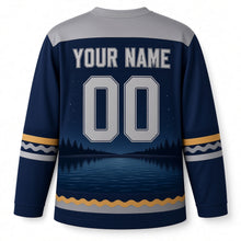 Load image into Gallery viewer, Lake Reflection Menorah Hanukkah Hockey Jersey in Lakeshore Night, back view with your name and number