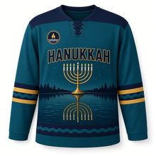 Load image into Gallery viewer, Lake Reflection Menorah Hanukkah Hockey Jersey in Mirror Lake Teal, front view – custom name and number