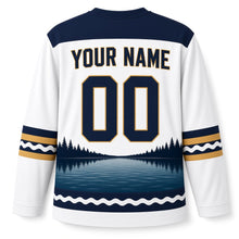 Load image into Gallery viewer, Lake Reflection Menorah Hanukkah Hockey Jersey in Calm Water White, back view with your name and number