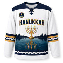 Load image into Gallery viewer, Lake Reflection Menorah Hanukkah Hockey Jersey in Calm Water White, front view – custom name and number
