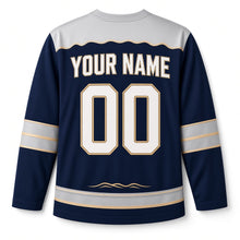 Load image into Gallery viewer, Lighthouse Beacon Star Hanukkah Hockey Jersey in Beacon Navy, back view with your name and number
