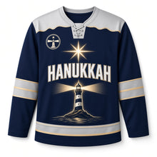 Load image into Gallery viewer, Lighthouse Beacon Star Hanukkah Hockey Jersey in Beacon Navy, front view – custom name and number