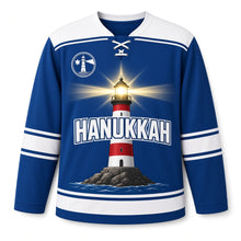 Load image into Gallery viewer, Lighthouse Beacon Star Hanukkah Hockey Jersey in Beacon Ocean Blue, front view – custom name and number