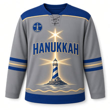 Load image into Gallery viewer, Lighthouse Beacon Star Hanukkah Hockey Jersey in Beacon Storm Grey, front view – custom name and number