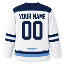 Load image into Gallery viewer, Lighthouse Beacon Star Hanukkah Hockey Jersey in Beacon Sea White, back view with your name and number
