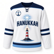 Load image into Gallery viewer, Lighthouse Beacon Star Hanukkah Hockey Jersey in Beacon Sea White, front view – custom name and number