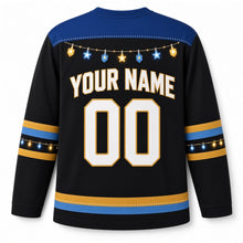Load image into Gallery viewer, Lights Garland Hanukkah Hockey Jersey in Night Glow Black, back view with your name and number