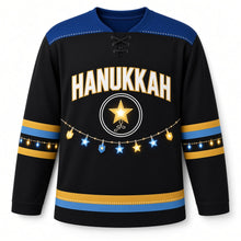 Load image into Gallery viewer, Lights Garland Hanukkah Hockey Jersey in Night Glow Black, front view – custom name and number