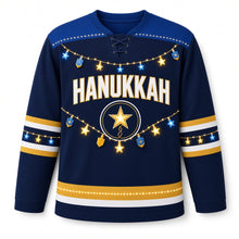 Load image into Gallery viewer, Lights Garland Hanukkah Hockey Jersey in Garland Navy, front view – custom name and number
