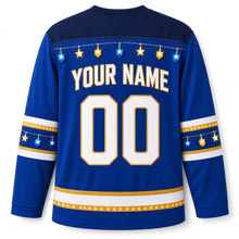 Load image into Gallery viewer, Lights Garland Hanukkah Hockey Jersey in Glow Royal Blue, back view with your name and number