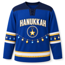 Load image into Gallery viewer, Lights Garland Hanukkah Hockey Jersey in Glow Royal Blue, front view – custom name and number