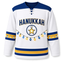 Load image into Gallery viewer, Lights Garland Hanukkah Hockey Jersey in Twinkle White, front view – custom name and number