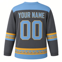 Load image into Gallery viewer, Linocut Oil Lamp Print Hanukkah Hockey Jersey in Linocut Charcoal, back view with your name and number