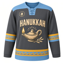 Load image into Gallery viewer, Linocut Oil Lamp Print Hanukkah Hockey Jersey in Linocut Charcoal, front view – custom name and number