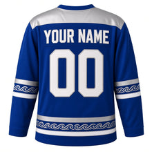 Load image into Gallery viewer, Linocut Oil Lamp Print Hanukkah Hockey Jersey in Linocut Cobalt, back view with your name and number