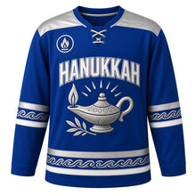 Load image into Gallery viewer, Linocut Oil Lamp Print Hanukkah Hockey Jersey in Linocut Cobalt, front view – custom name and number
