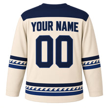 Load image into Gallery viewer, Linocut Oil Lamp Print Hanukkah Hockey Jersey in Linocut Cream, back view with your name and number