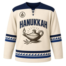 Load image into Gallery viewer, Linocut Oil Lamp Print Hanukkah Hockey Jersey in Linocut Cream, front view – custom name and number