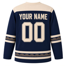 Load image into Gallery viewer, Linocut Oil Lamp Print Hanukkah Hockey Jersey in Linocut Navy, back view with your name and number