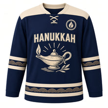 Load image into Gallery viewer, Linocut Oil Lamp Print Hanukkah Hockey Jersey in Linocut Navy, front view – custom name and number