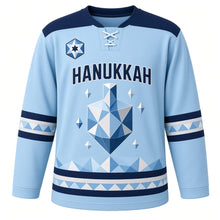 Load image into Gallery viewer, Low-Poly Crystal Dreidel Hanukkah Hockey Jersey in Crystal Ice, front view – custom name and number