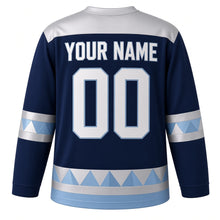 Load image into Gallery viewer, Low-Poly Crystal Dreidel Hanukkah Hockey Jersey in Crystal Navy, back view with your name and number