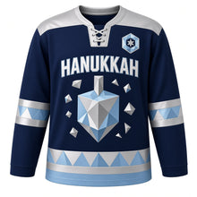 Load image into Gallery viewer, Low-Poly Crystal Dreidel Hanukkah Hockey Jersey in Crystal Navy, front view – custom name and number