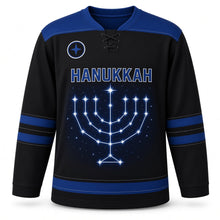 Load image into Gallery viewer, Menorah Constellation Hanukkah Hockey Jersey in Constellation Black, front view – custom name and number