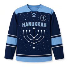 Load image into Gallery viewer, Menorah Constellation Hanukkah Hockey Jersey in Constellation Indigo, front view – custom name and number