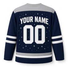 Load image into Gallery viewer, Menorah Constellation Hanukkah Hockey Jersey in Constellation Midnight, back view with your name and number