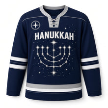 Load image into Gallery viewer, Menorah Constellation Hanukkah Hockey Jersey in Constellation Midnight, front view – custom name and number