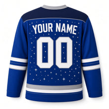 Load image into Gallery viewer, Menorah Constellation Hanukkah Hockey Jersey in Constellation Royal, back view with your name and number