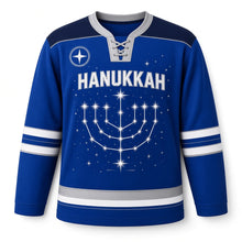 Load image into Gallery viewer, Menorah Constellation Hanukkah Hockey Jersey in Constellation Royal, front view – custom name and number