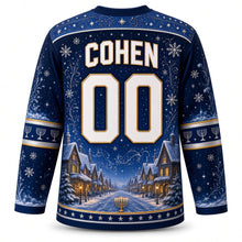 Load image into Gallery viewer, Menorah Window Night Hanukkah Hockey Jersey in Royal Blue, back view with your name and number